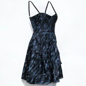 BCBG MaxAzria 100% Silk Black & Blue Abstract‎ Print Pleated Pocket Dress Size 0
